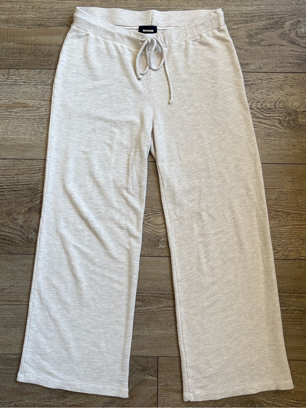 Monrow Beige Drawstring Casual Lounge Wideleg Sweat Pant Soft Cotton Rayon Blend